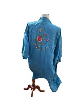 Kimono Robe With Embroidered Floral & Butterfly Vintage Blue Rayon